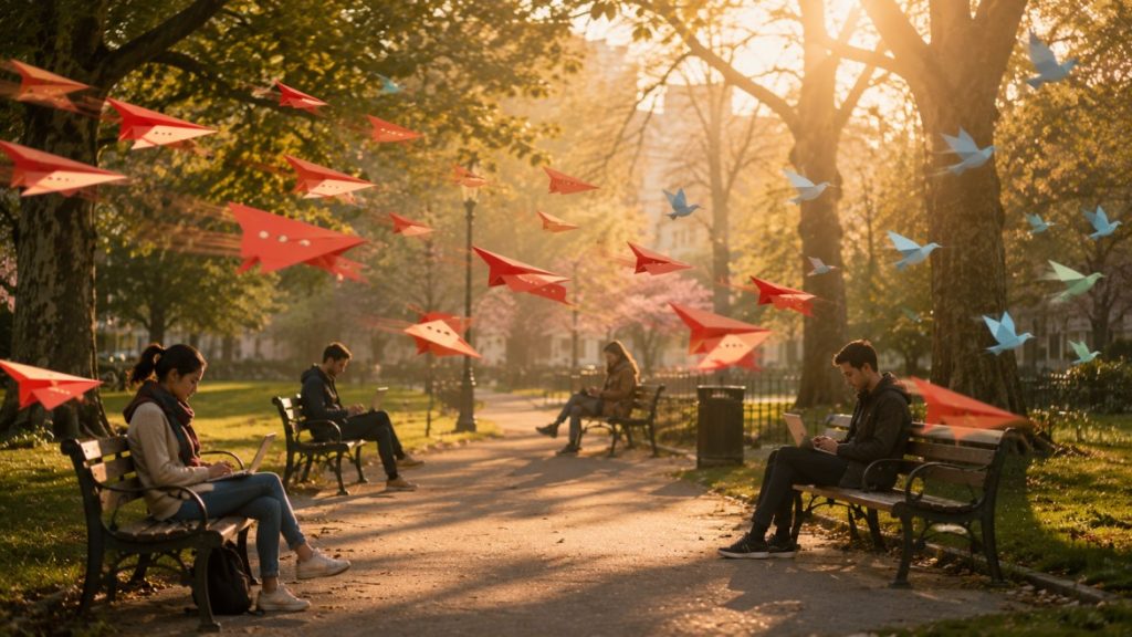 Several people sit on separate benches using laptops or tablets