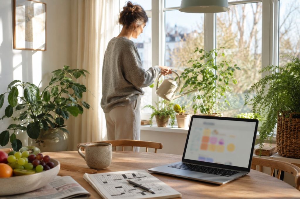 person has stood up and is watering houseplants by the window