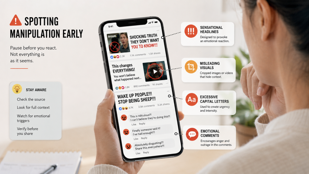 how sensational headlines, cropped visuals, excessive caps, and emotional comments can signal rage bait before you engage