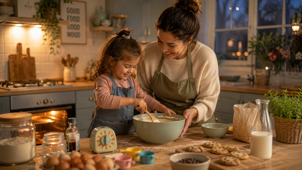 A parent and young child work together baking simple cookies
