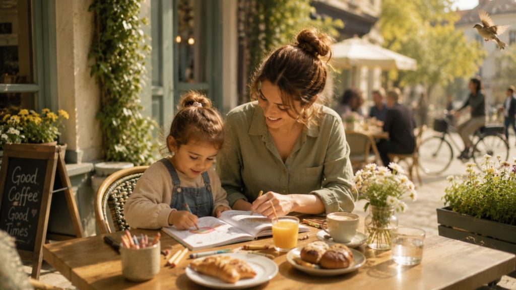 parent and preschool-aged child quietly wait together for their foo