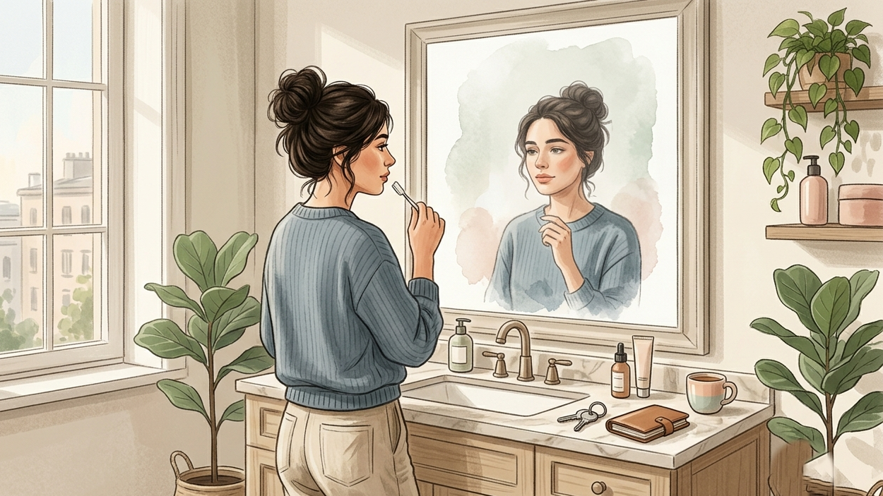 standing in front of a bathroom mirror during their morning routine.