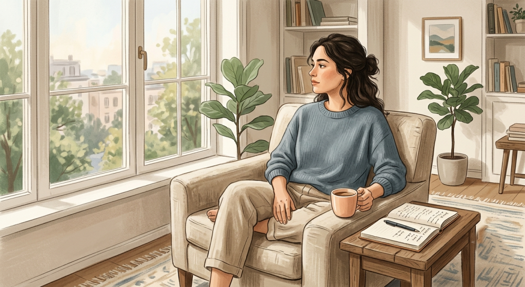 young professional sitting by a large apartment window on a comfortable chair