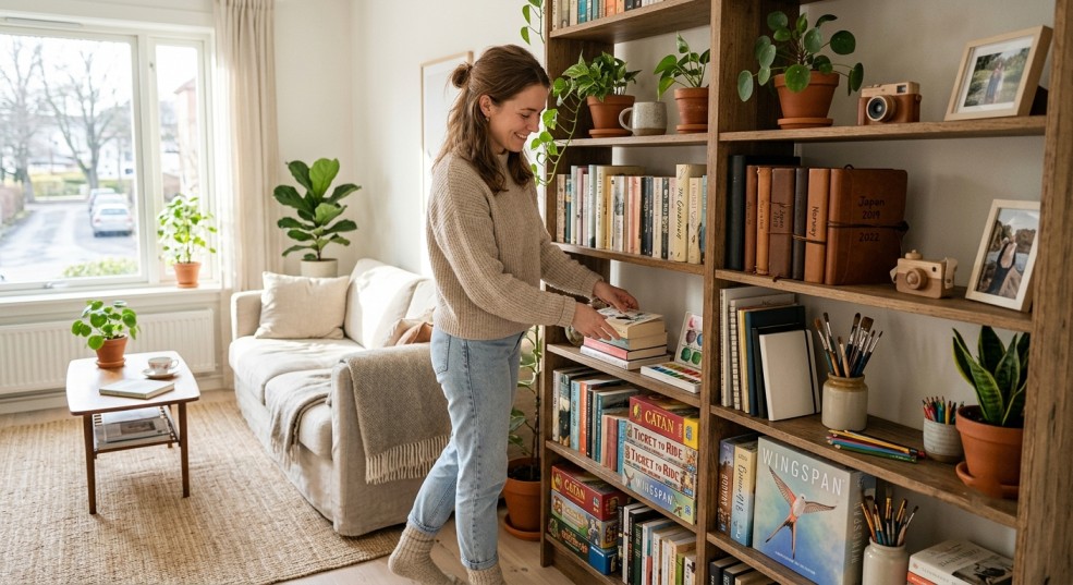 reorganizing a bookshelf filled with novels, travel journals, board games, art supplies, and small indoor plants