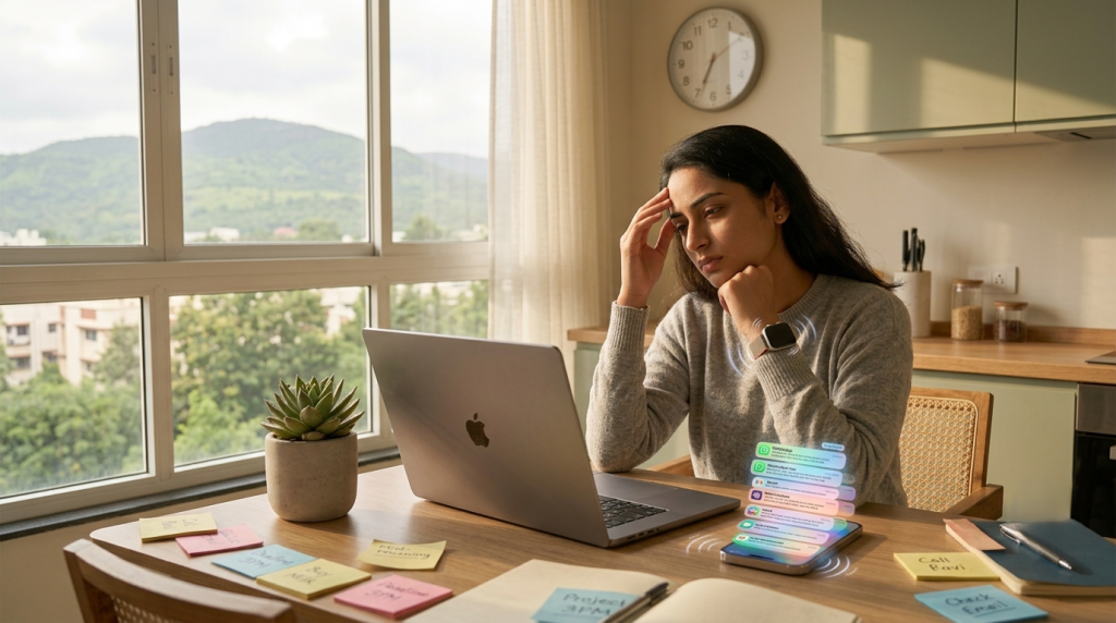 A professional feeling mentally overloaded by work tasks and constant digital notifications.