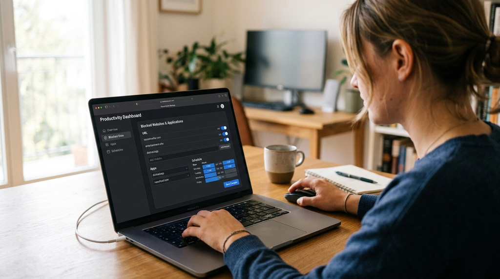 person configuring website and application blocking settings on a laptop