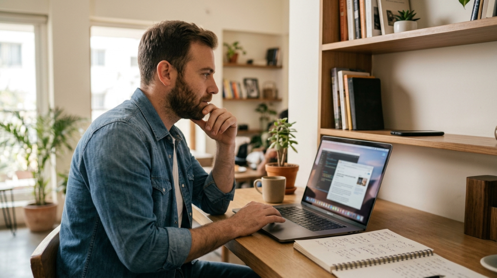 A man becomes distracted by his laptop even though his phone is out of reach.