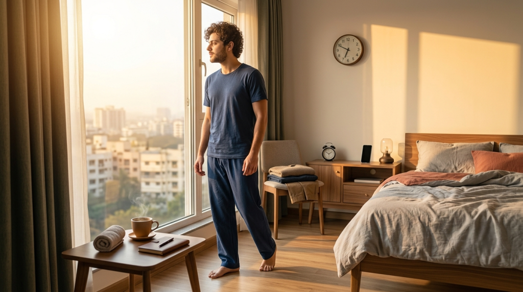 early-morning scene of a person getting out of bed willingly