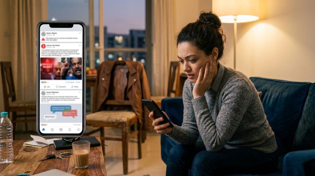 A person turns to an endless negative feed on their phone after a stressful conversation.