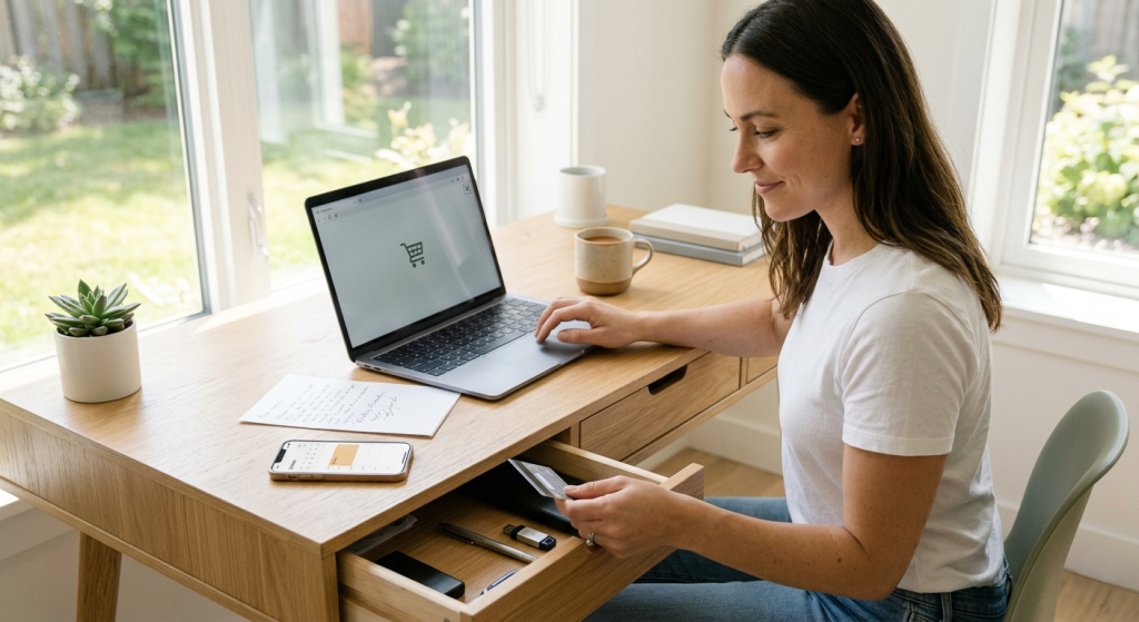 A person pausing an online purchase and creating distance from an impulse to buy.