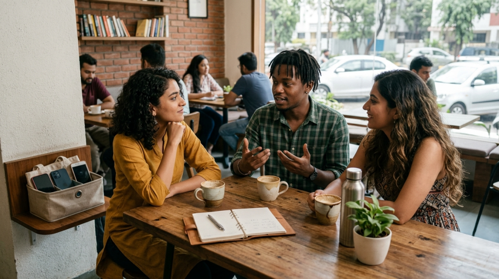Young adults having a face-to-face conversation while keeping their phones away.