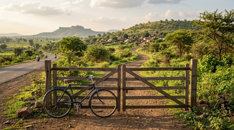 A single bicycle parked at the bottom of a gentle hill with a small wooden gate