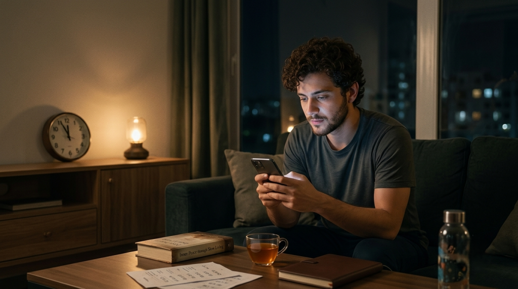 young adult sitting alone on a sofa late at night