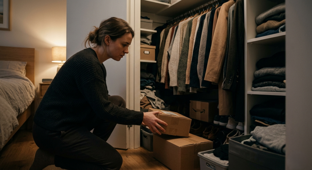 A person hiding an online shopping package inside a closet.