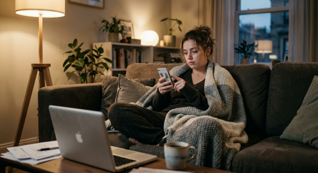 A person using online shopping as a distraction after a stressful day.