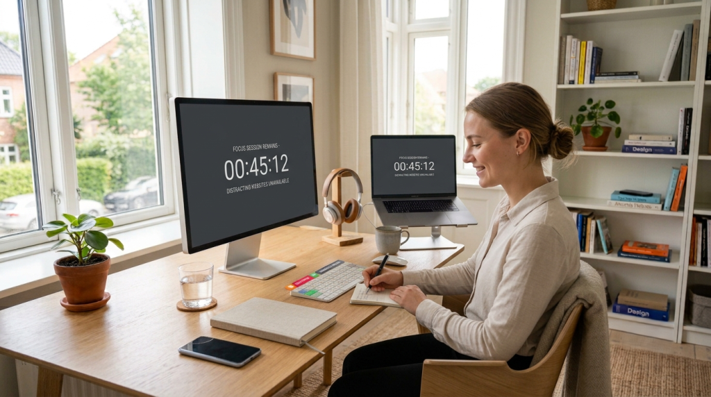A focus timer preventing access to distracting websites until work is finished.