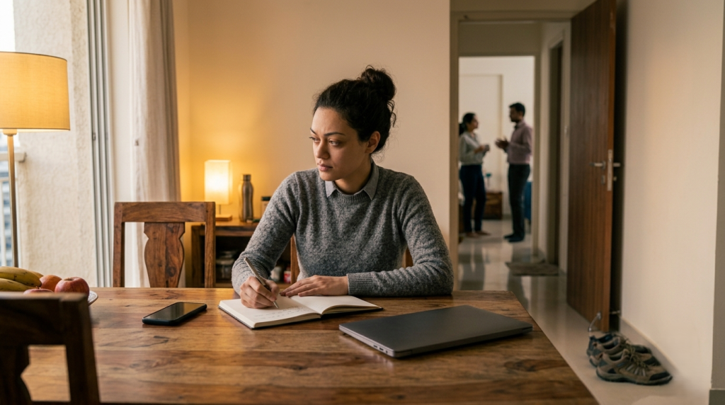 A person creating a quiet space and setting boundaries after a demanding day.
