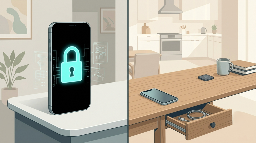 split-scene illustration comparing two approaches to blocking phone apps