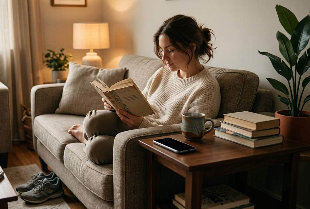 person relaxing on a sofa reading a paperback book while their smartphone sits intentionally out of reach