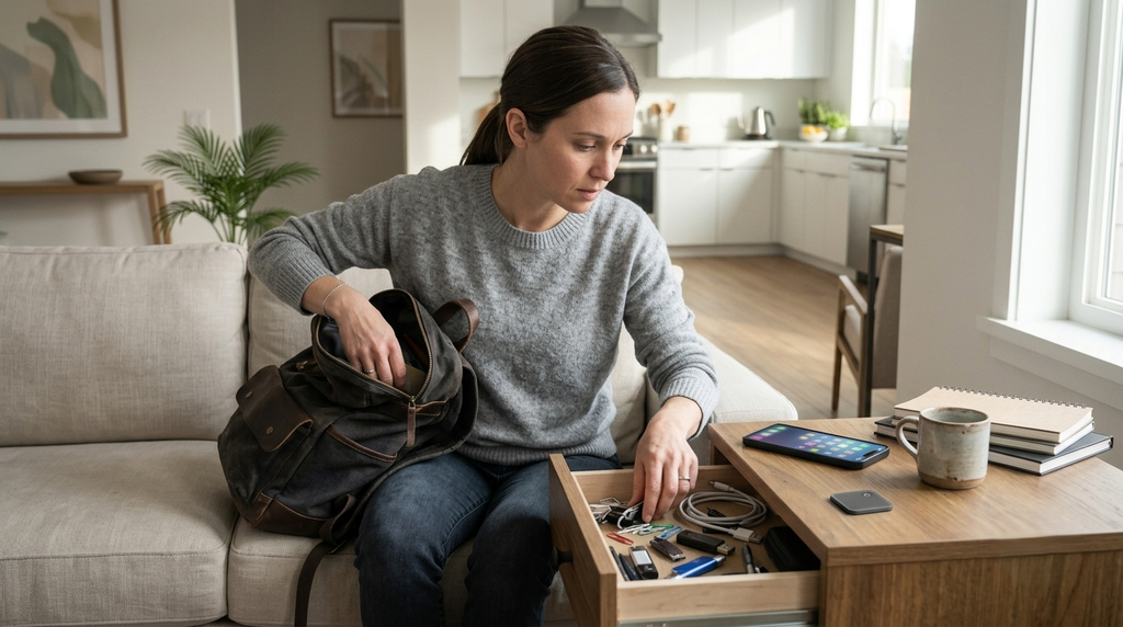 person searching through a backpack and desk drawer for a small square NFC phone blocker tag