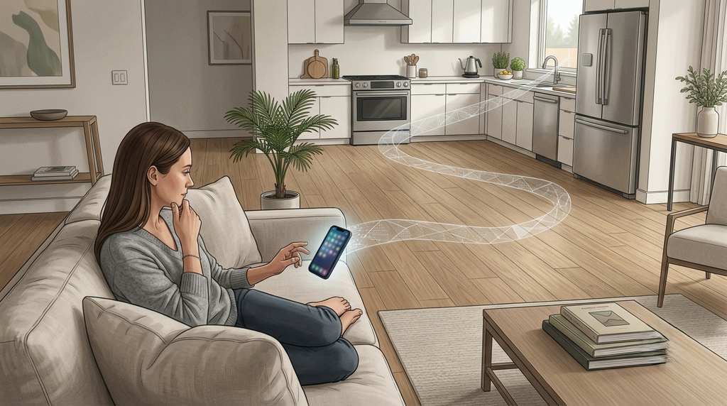 showing a person sitting comfortably on a sofa with a smartphone while a small NFC tag is placed across the room on a refrigerator