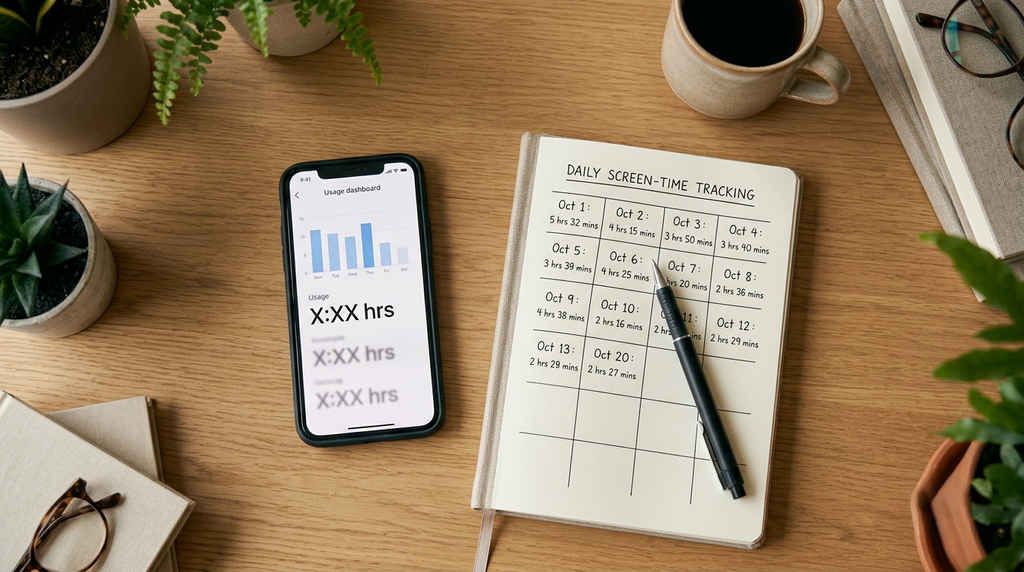 smartphone beside a notebook where someone is recording daily screen-time numbers