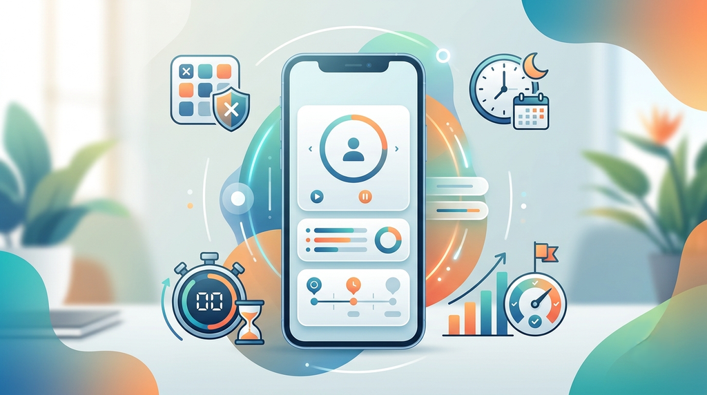 visual symbols representing app blocking, scheduled focus time, a timer, and progress tracking